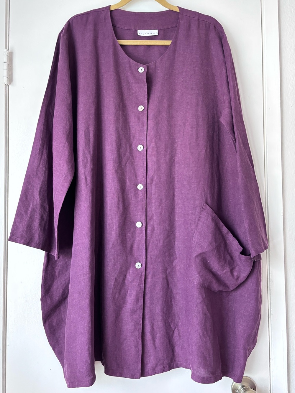 BRYN WALKER Linen Long Jacket Tunic Plum Purple Pockets Lagenlook S Oversized